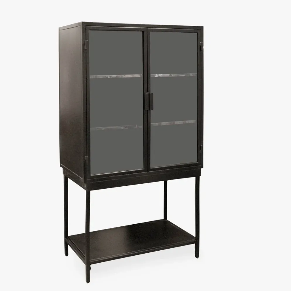 Armário de Metal Preto com Duas Portas de Vidro