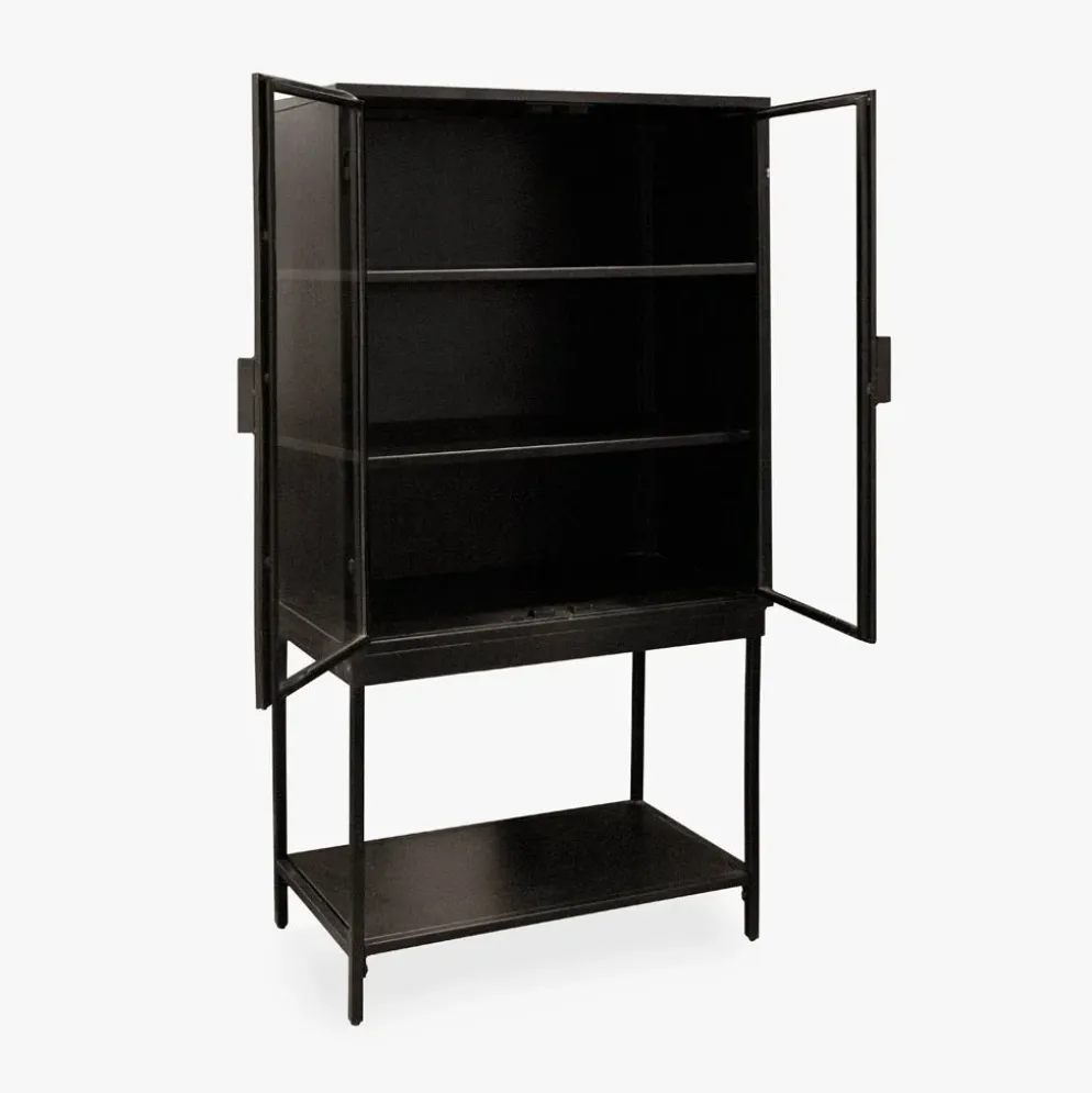 Armário de Metal Preto com Duas Portas de Vidro