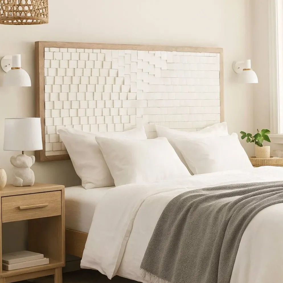 Cabeceira Cama Retangular Madeira Detalhe em Branco 180 cm
