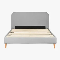 Cama Tecido com Cabeceira Arredondada e Pés de Madeira Cinza 170 cm