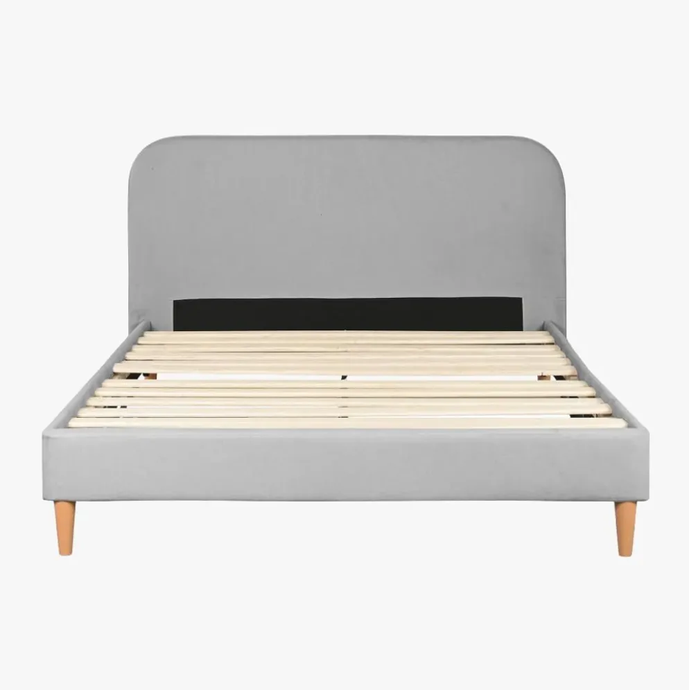 Cama Tecido com Cabeceira Arredondada e Pés de Madeira Cinza 170 cm