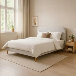 Cama Tecido com Cabeceira Arredondada e Pés de Madeira Bege 170 cm