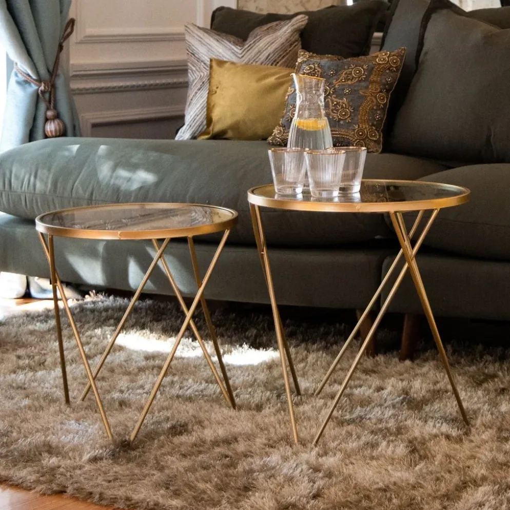 Conjunto de 2 mesas de apoio com folhas de Ginkgo douradas