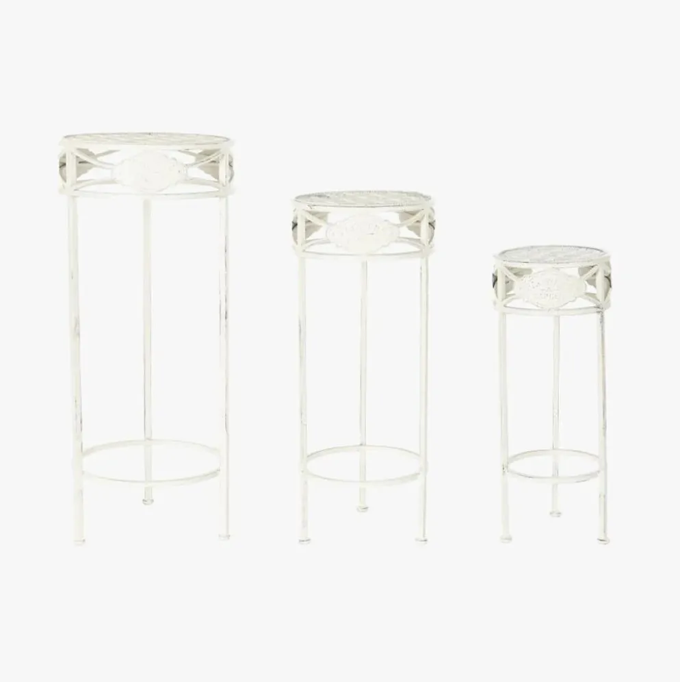 Conjunto de 3 Mesas de Apoio em Metal Branco Envelhecido