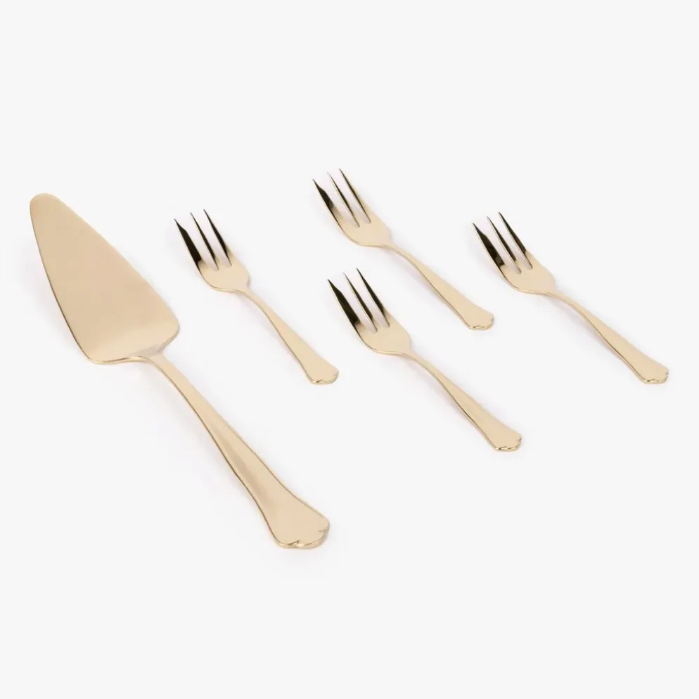 Conjunto 5 Talheres para Servir Bolo Aço Inox Dourado