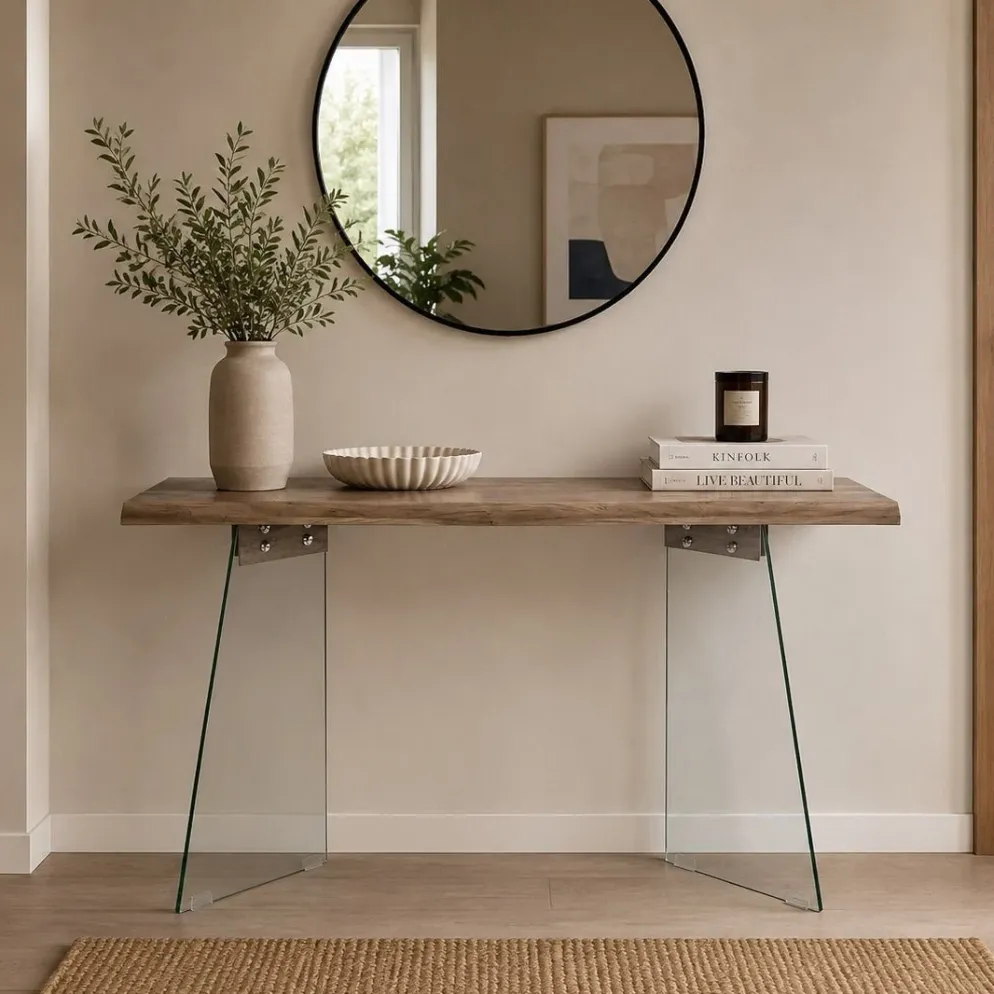 Consola Cinza Claro com Estrutura em Vidro Transparente | 120x40x76 cm