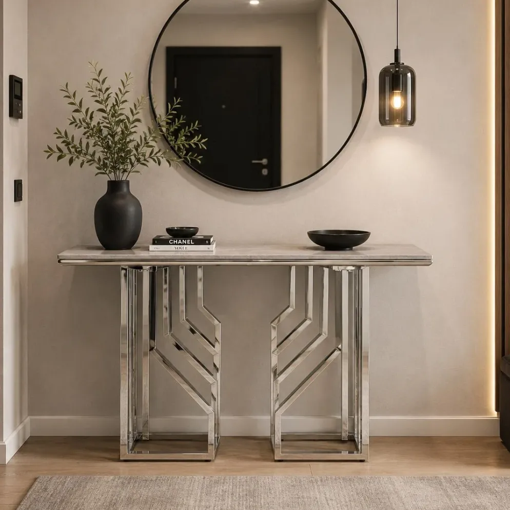 Consola Tampo Efeito Mármore e Estrutura Metálica | 120x40x78 cm