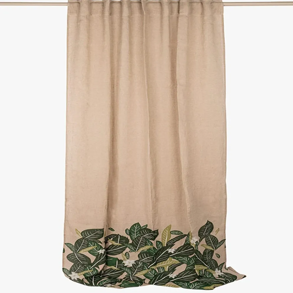 Cortinado de Linho Bege com Folhas