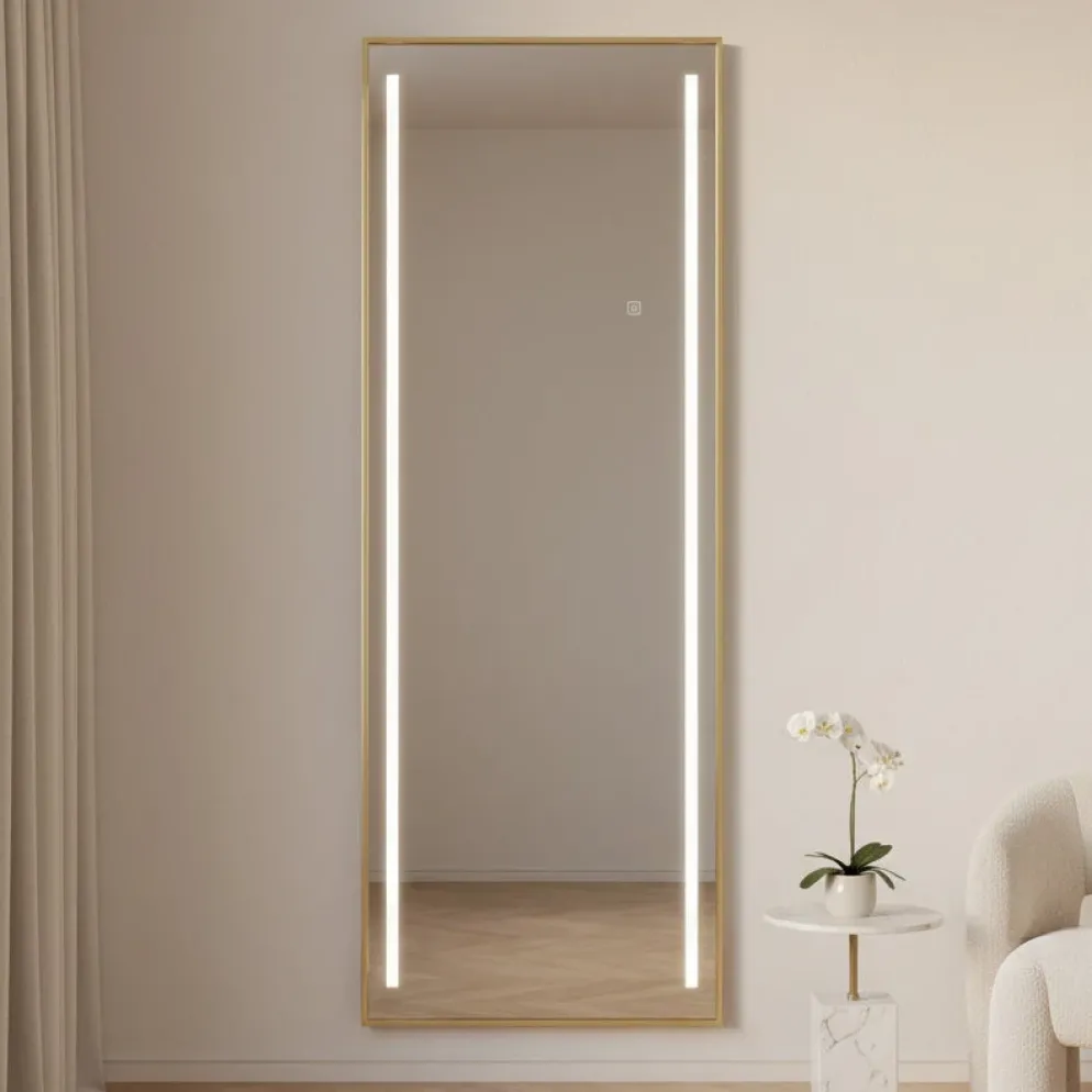 Espelho de Chão em Alumínio Dourado com LED