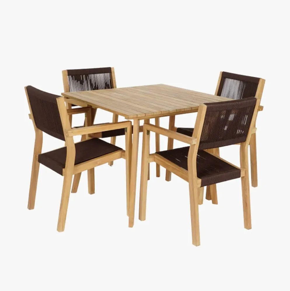 Mesa com 4 cadeiras em Teca e Corda Castanho