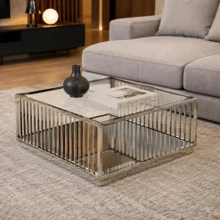 Mesa de Centro com Estrutura Cromada e Detalhes Espelhados | 100x100x45 cm
