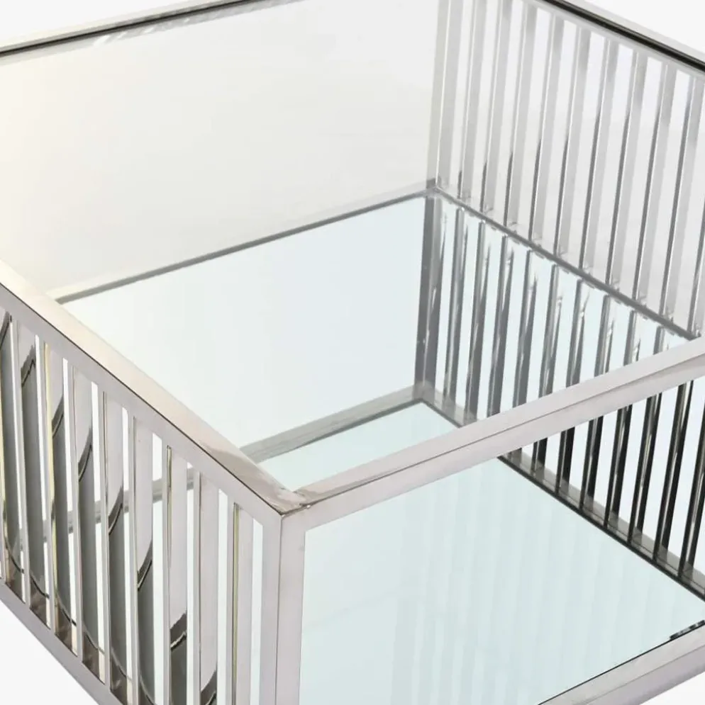 Mesa de Centro com Estrutura Cromada e Detalhes Espelhados | 100x100x45 cm