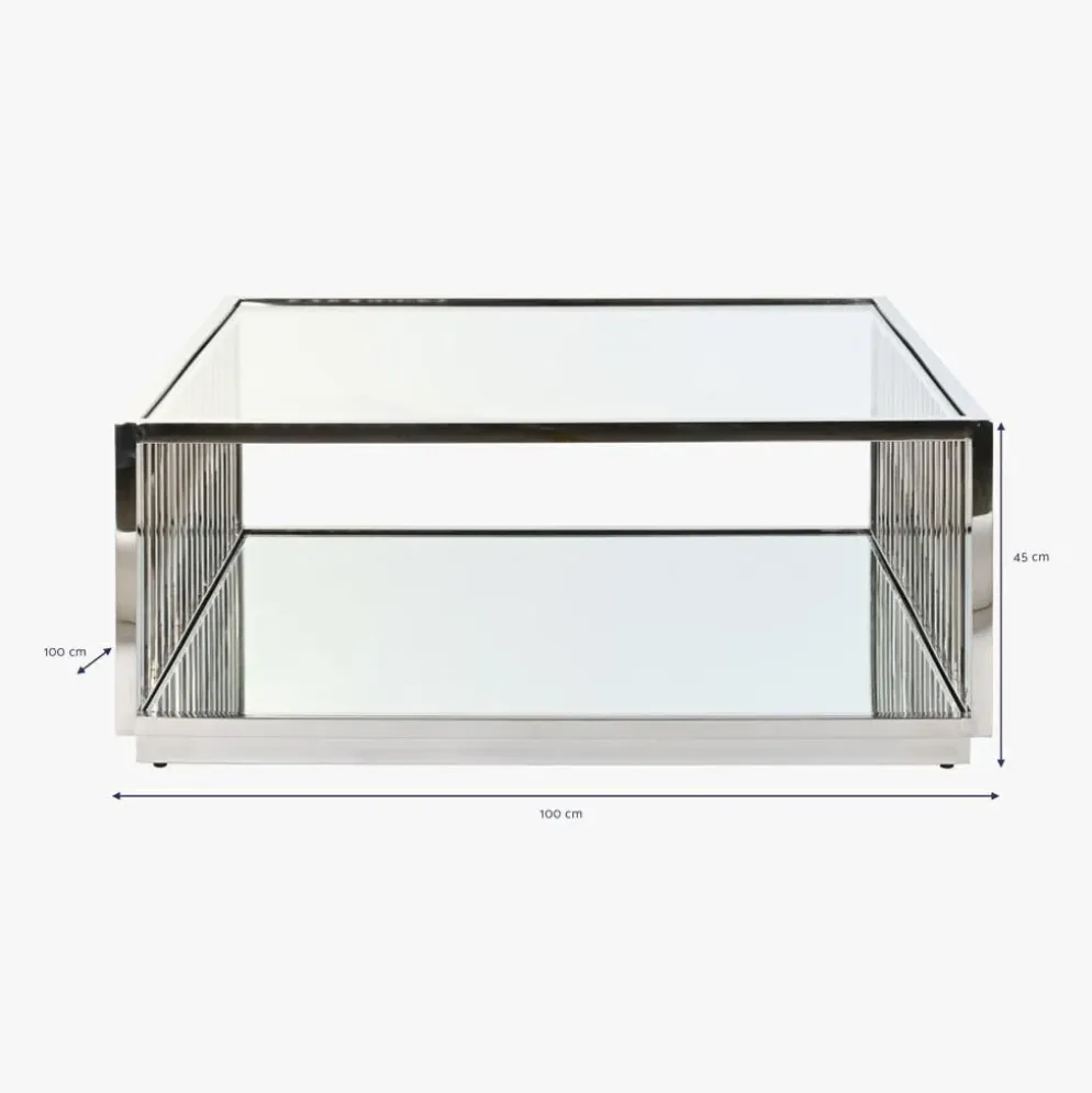 Mesa de Centro com Estrutura Cromada e Detalhes Espelhados | 100x100x45 cm