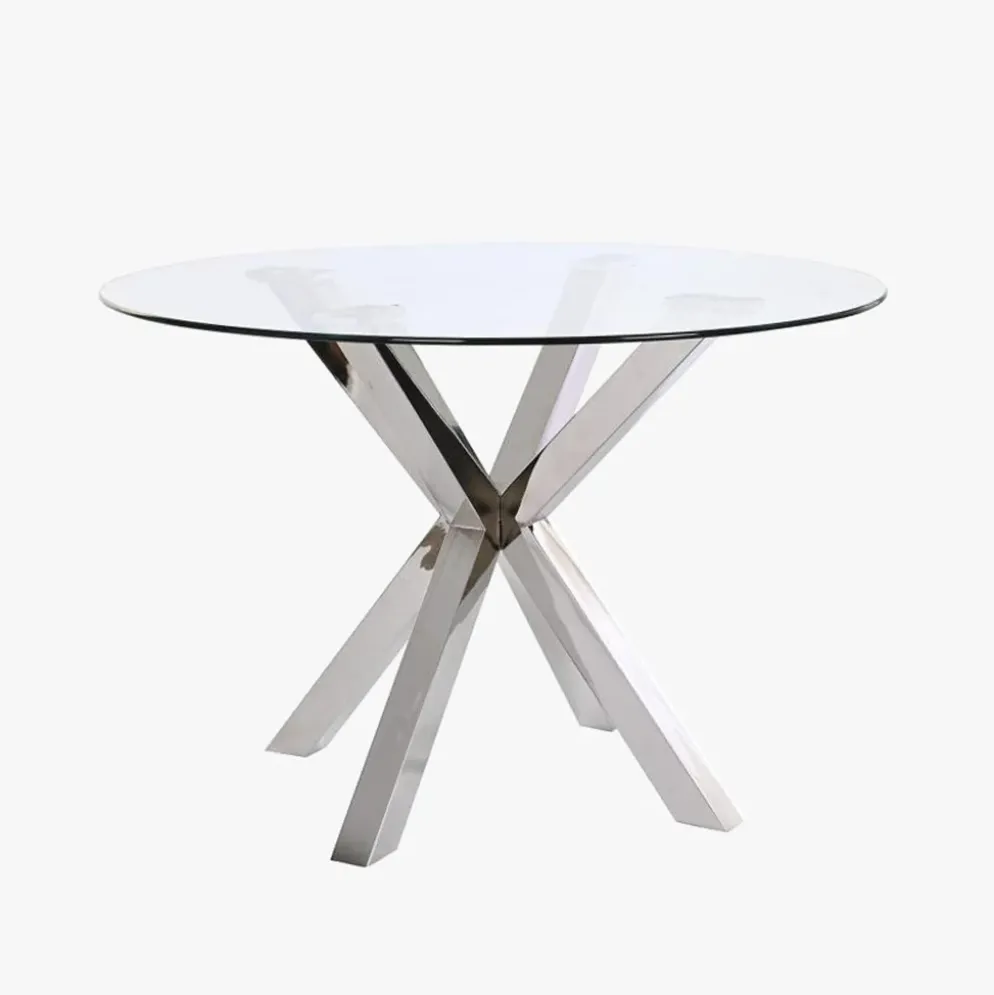 Mesa de Jantar Redonda em Vidro com Base Metálica Prateada110x110x76 cm