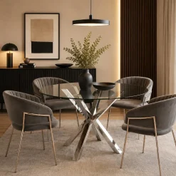 Mesa de Jantar Redonda em Vidro com Base Metálica Prateada110x110x76 cm