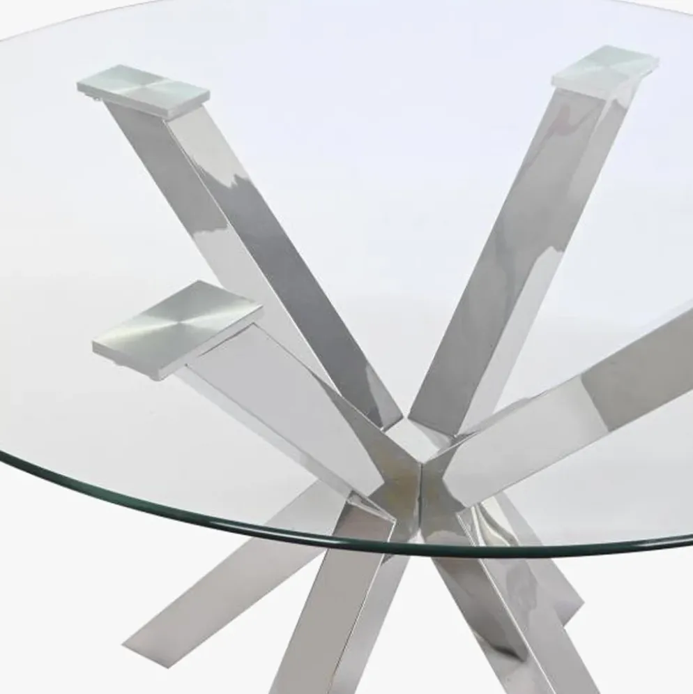 Mesa de Jantar Redonda em Vidro com Base Metálica Prateada110x110x76 cm