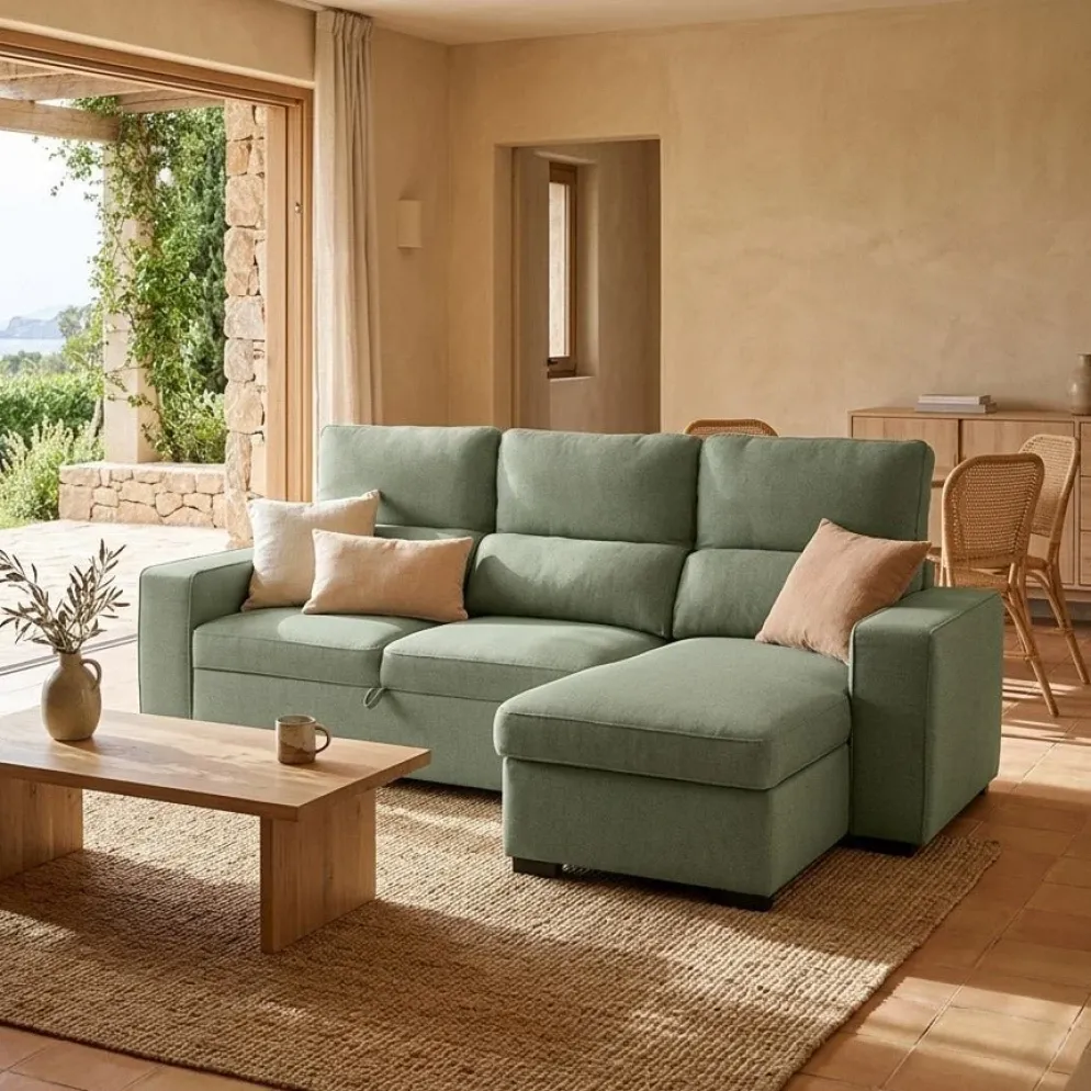 Sofá Cama com Chaise Longue Reversível e Encosto Reclinável