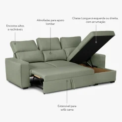 Sofá Cama com Chaise Longue Reversível e Encosto Reclinável