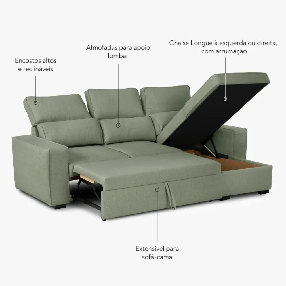 Sofá Cama com Chaise Longue Reversível e Encosto Reclinável