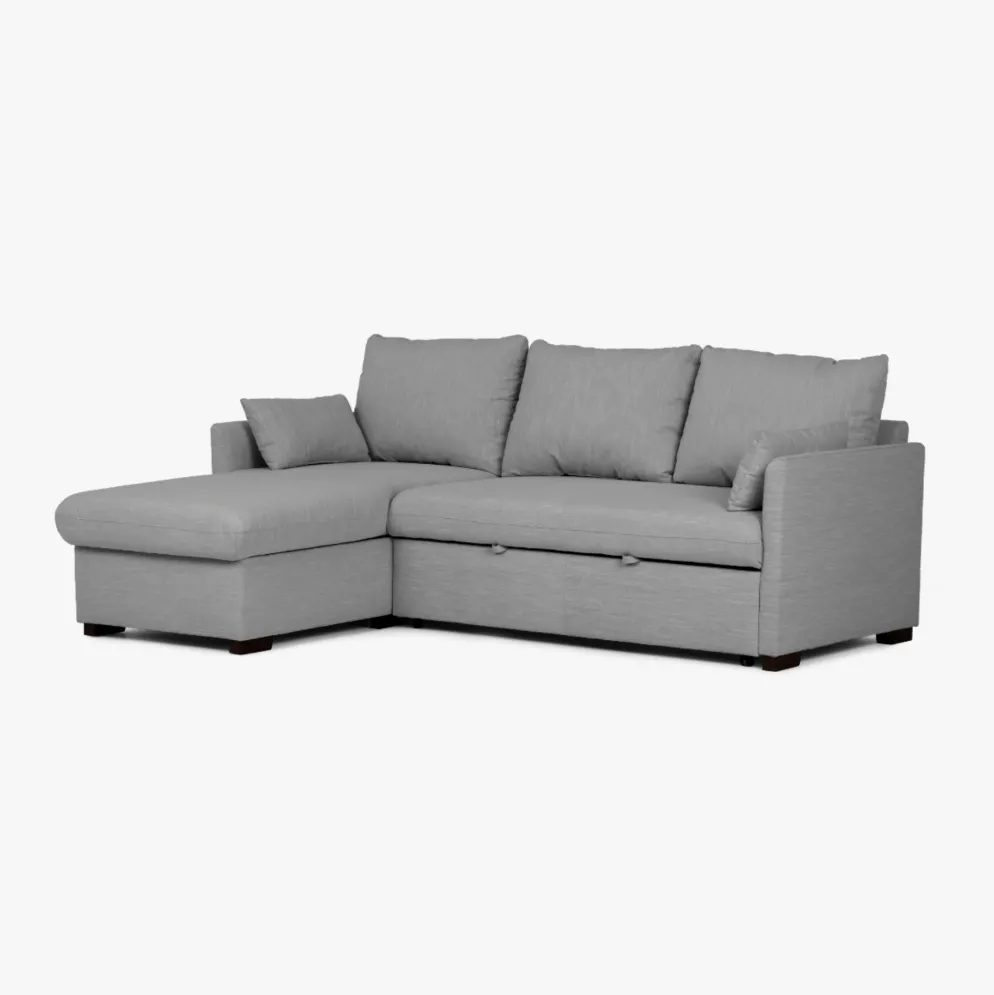 Sofá cama com chaise longue reversível, arrumação e almofadas decorativas