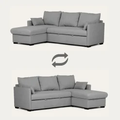 Sofá cama com chaise longue reversível, arrumação e almofadas decorativas