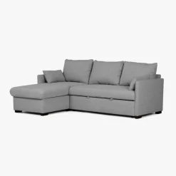 Sofá cama com chaise longue reversível, arrumação e almofadas decorativas