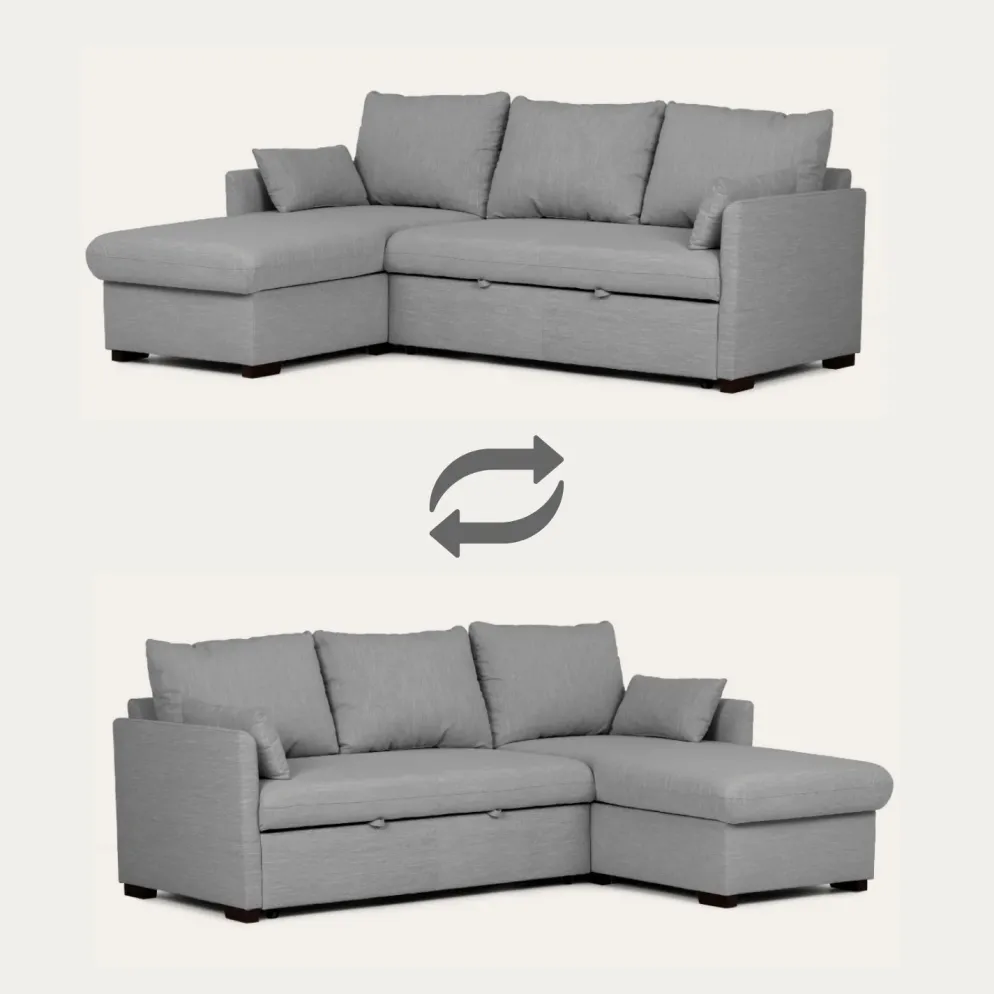 Sofá cama com chaise longue reversível, arrumação e almofadas decorativas