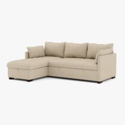 Sofá cama com chaise longue reversível, arrumação e almofadas decorativas