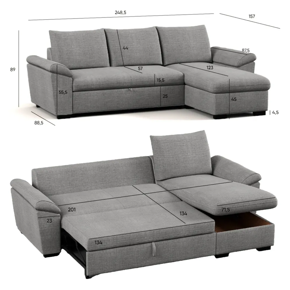 Sofá-cama com chaise longue reversível e arrumação