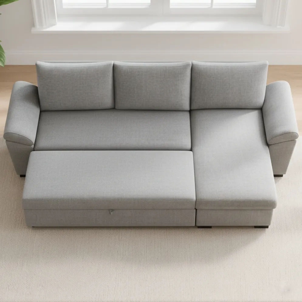 Sofá-cama com chaise longue reversível e arrumação