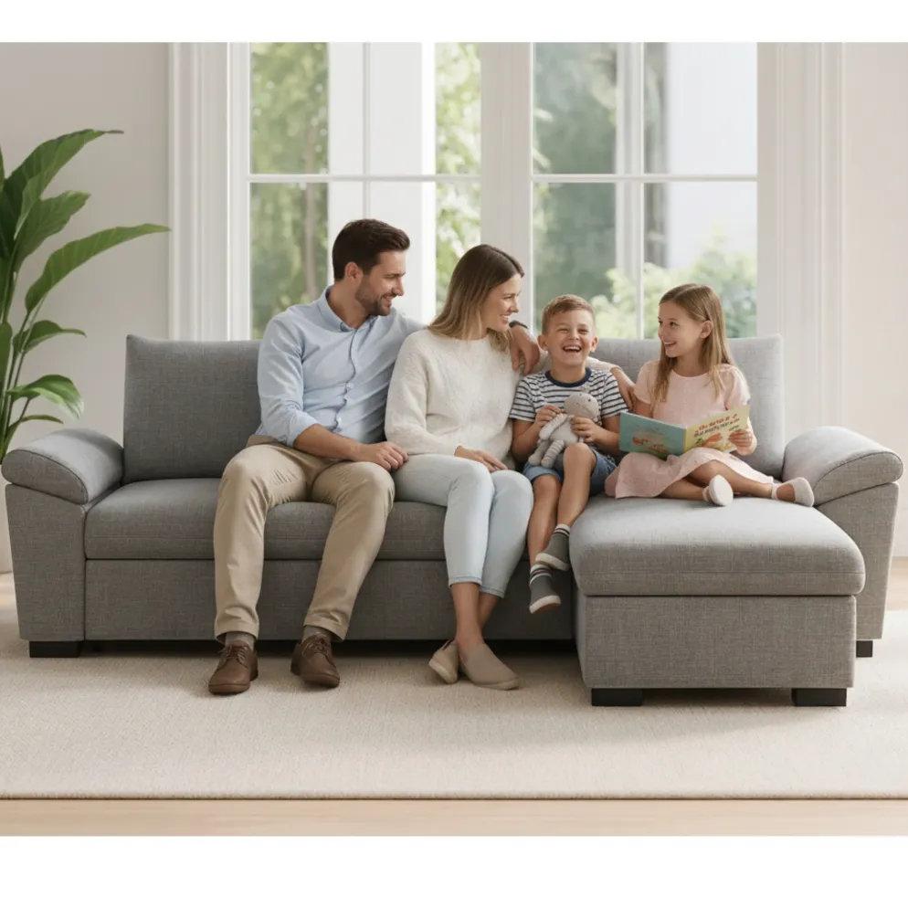Sofá-cama com chaise longue reversível e arrumação
