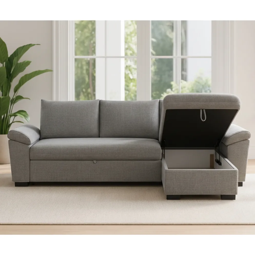 Sofá-cama com chaise longue reversível e arrumação