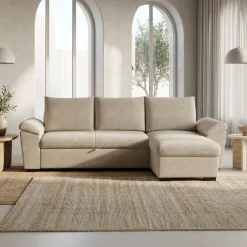 Sofá-cama com chaise longue reversível e arrumação