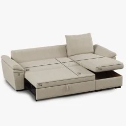 Sofá-cama com chaise longue reversível e arrumação