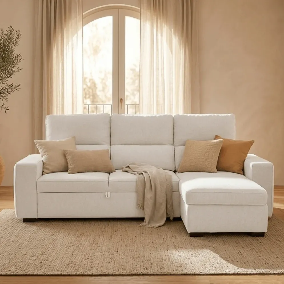Sofá Cama com Chaise Longue Reversível e Encosto Reclinável