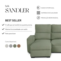 Sofá Cama com Chaise Longue Reversível e Encosto Reclinável
