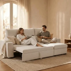 Sofá Cama com Chaise Longue Reversível e Encosto Reclinável