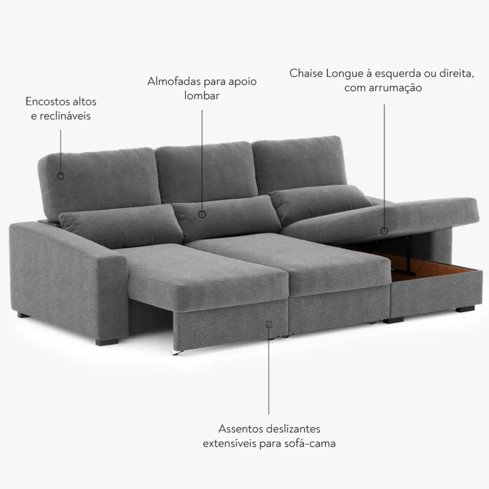 Sofá Cama com Chaise Longue Reversível, Assentos Deslizantes e Encosto Reclinável