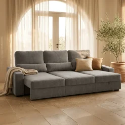 Sofá Cama com Chaise Longue Reversível, Assentos Deslizantes e Encosto Reclinável