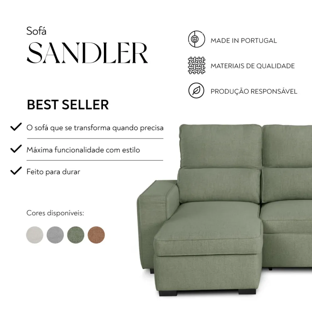 Sofá Cama com Chaise Longue Reversível e Encosto Reclinável