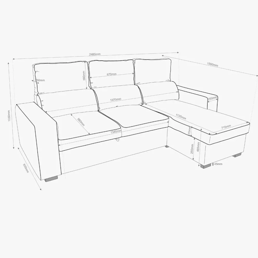 Sofá Cama com Chaise Longue Reversível e Encosto Reclinável