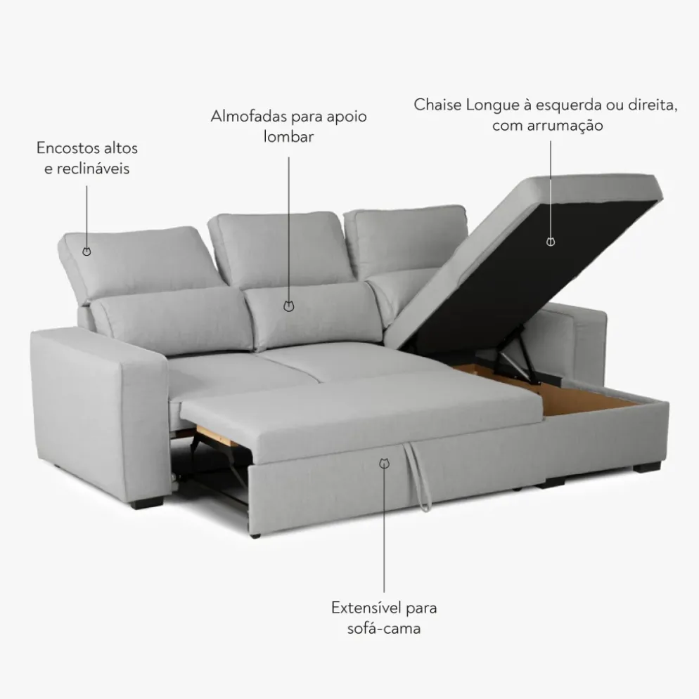 Sofá Cama com Chaise Longue Reversível e Encosto Reclinável