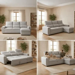 Sofá Cama com Chaise Longue Reversível e Encosto Reclinável