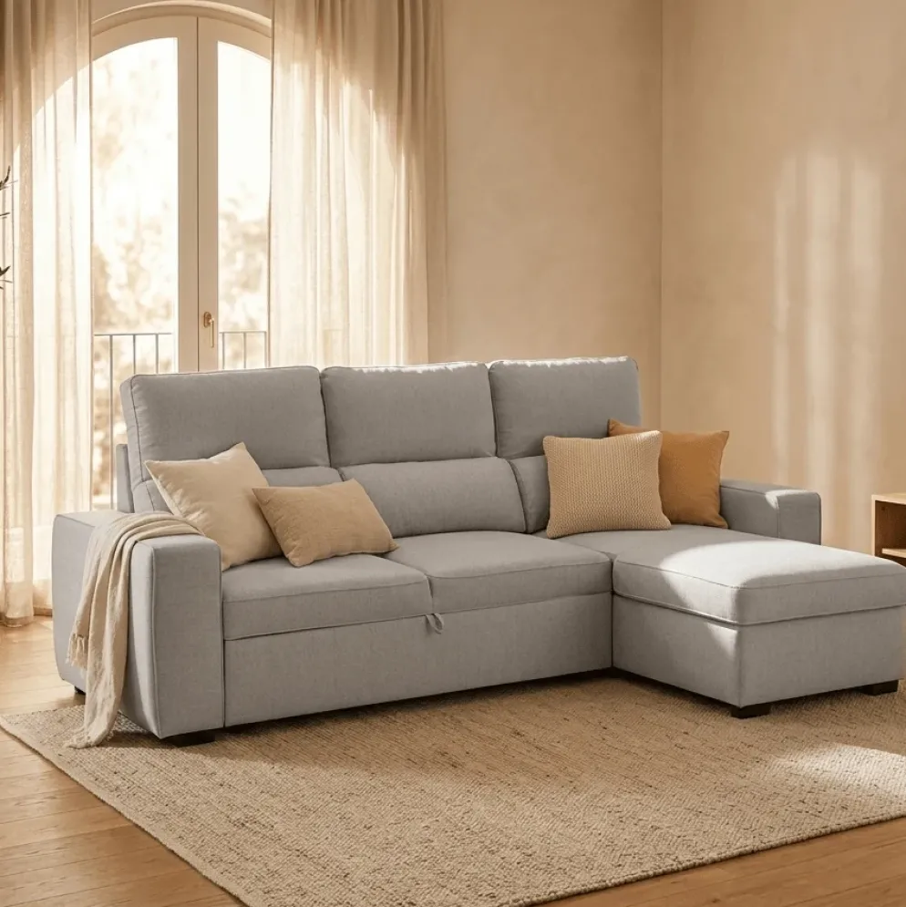 Sofá Cama com Chaise Longue Reversível e Encosto Reclinável