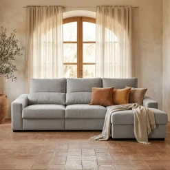 Sofá Cama com Chaise Longue Reversível, Assentos Deslizantes e Encosto Reclinável