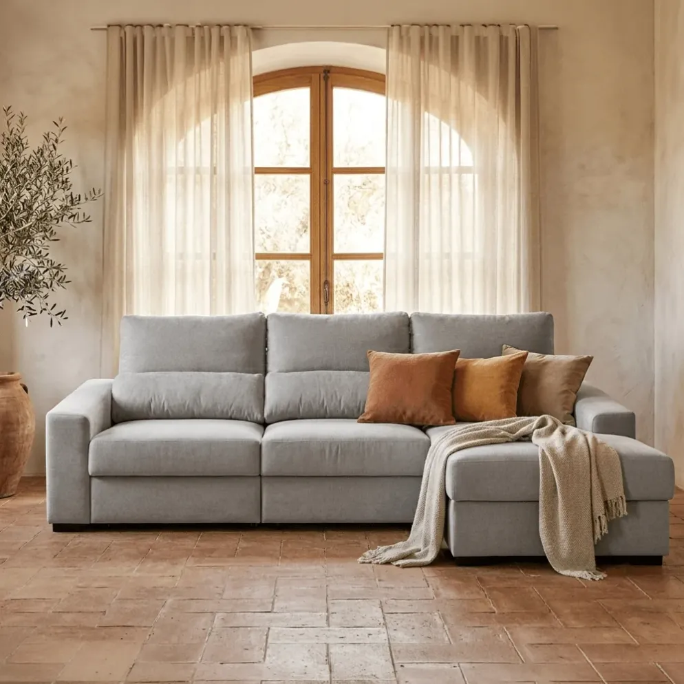 Sofá Cama com Chaise Longue Reversível, Assentos Deslizantes e Encosto Reclinável