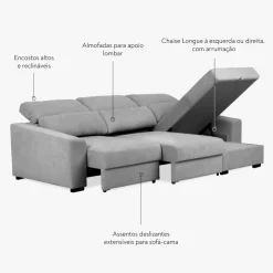 Sofá Cama com Chaise Longue Reversível, Assentos Deslizantes e Encosto Reclinável