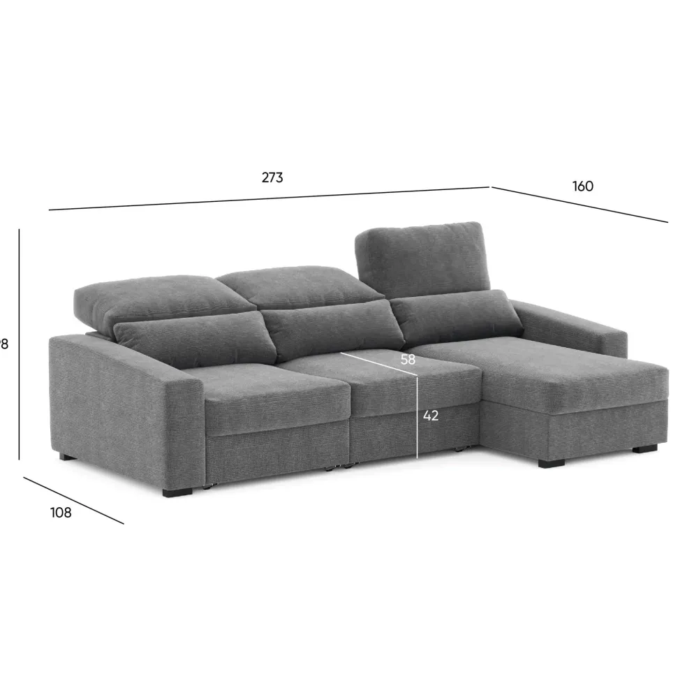 Sofá Cama com Chaise Longue Reversível, Assentos Deslizantes e Encosto Reclinável