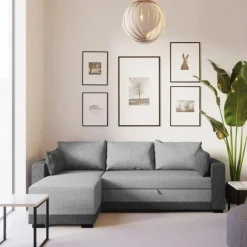 Sofá cama com chaise longue reversível e almofadas soltas