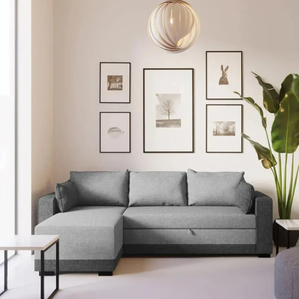 Sofá cama com chaise longue reversível e almofadas soltas